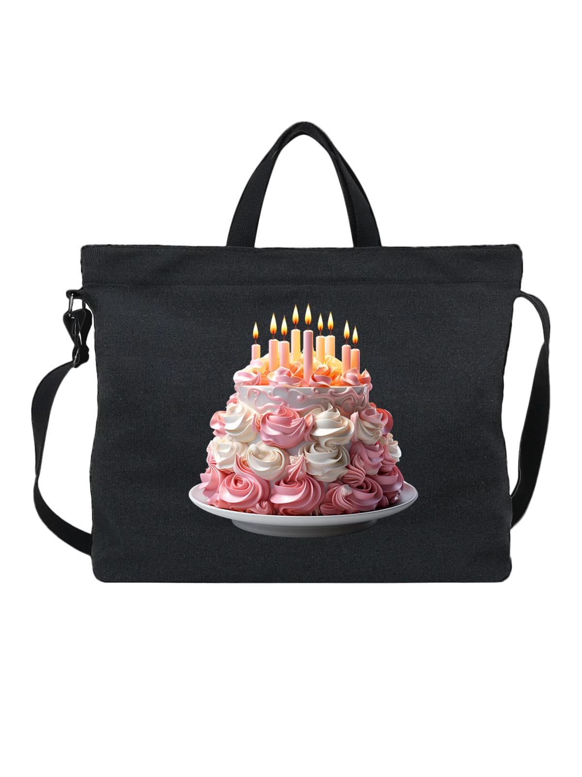 Сумка с праздничным birthday cake и свечами чёрная с принтом — frosting roses — Чёрная, фото 1