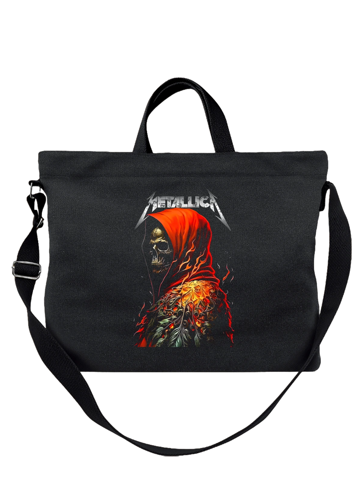 Сумка чёрная с принтом Metallica череп в красном капюшоне с пламенем — огонь — Чёрная, фото 1