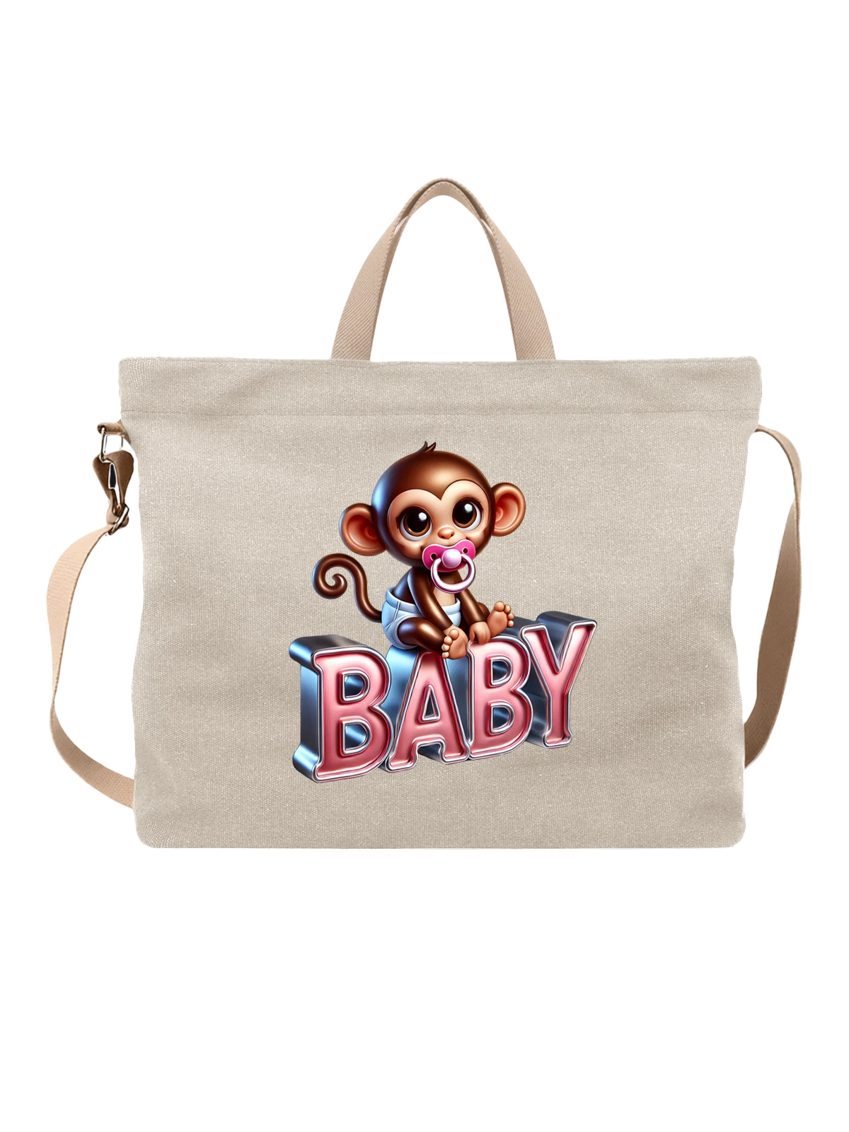 Сумка Детеныш обезьяны с соской BABY белая с принтом — 3D рисунок — Белая, фото 1