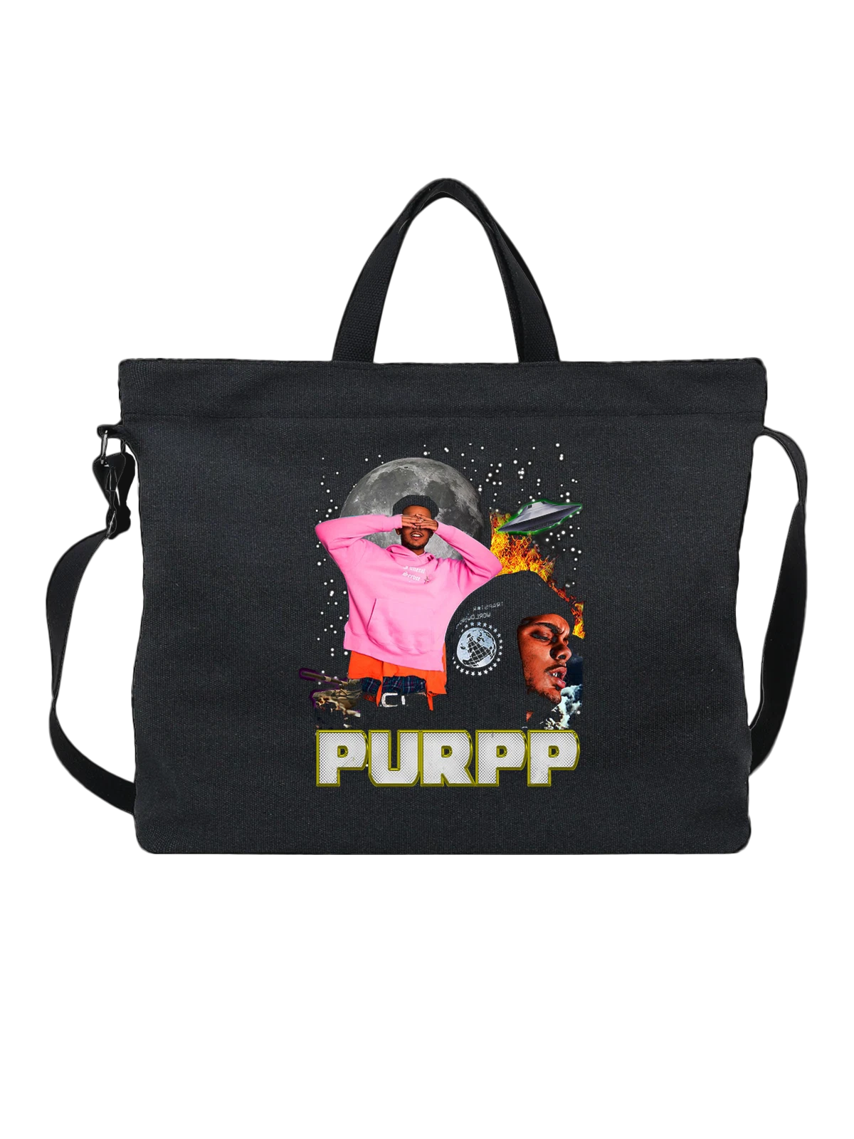 Сумка чёрная с принтом Рэпера PURPP с НЛО и Луной — космический фон — Чёрная, фото 1