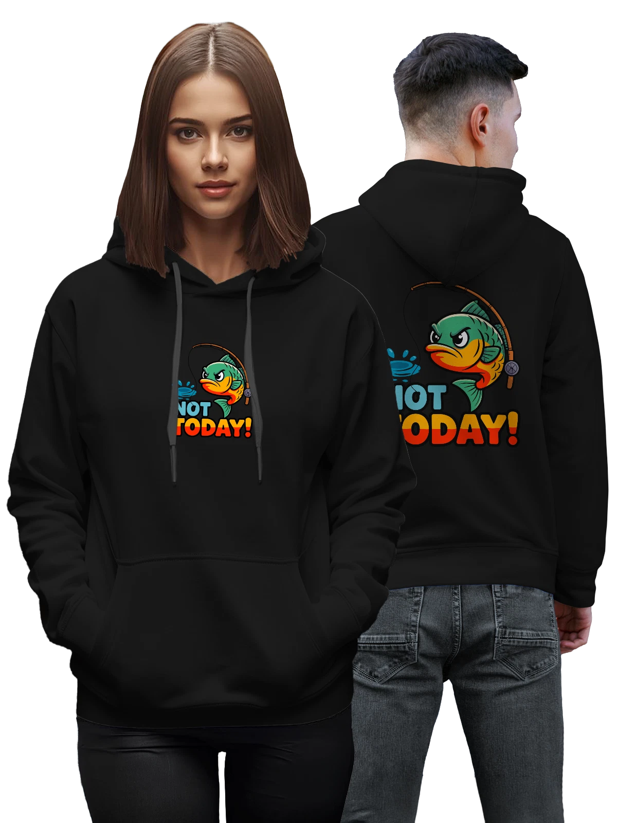 Худи Рыба с удочкой и надписью Not Today чёрное с принтом — ловля рыбы — Чёрная, фото 1