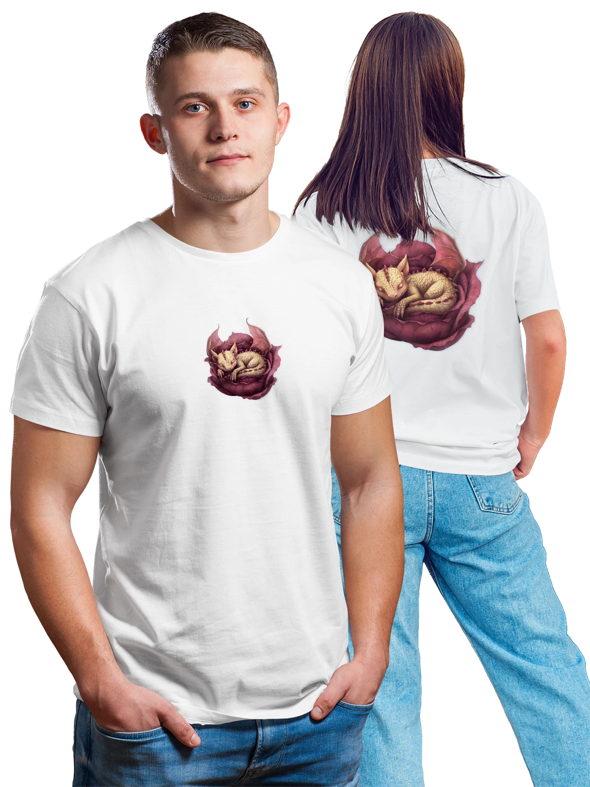 Футболка Спящий дракон в лепестках розы белая с принтом на спине — мифическое существо — Белая, фото 1