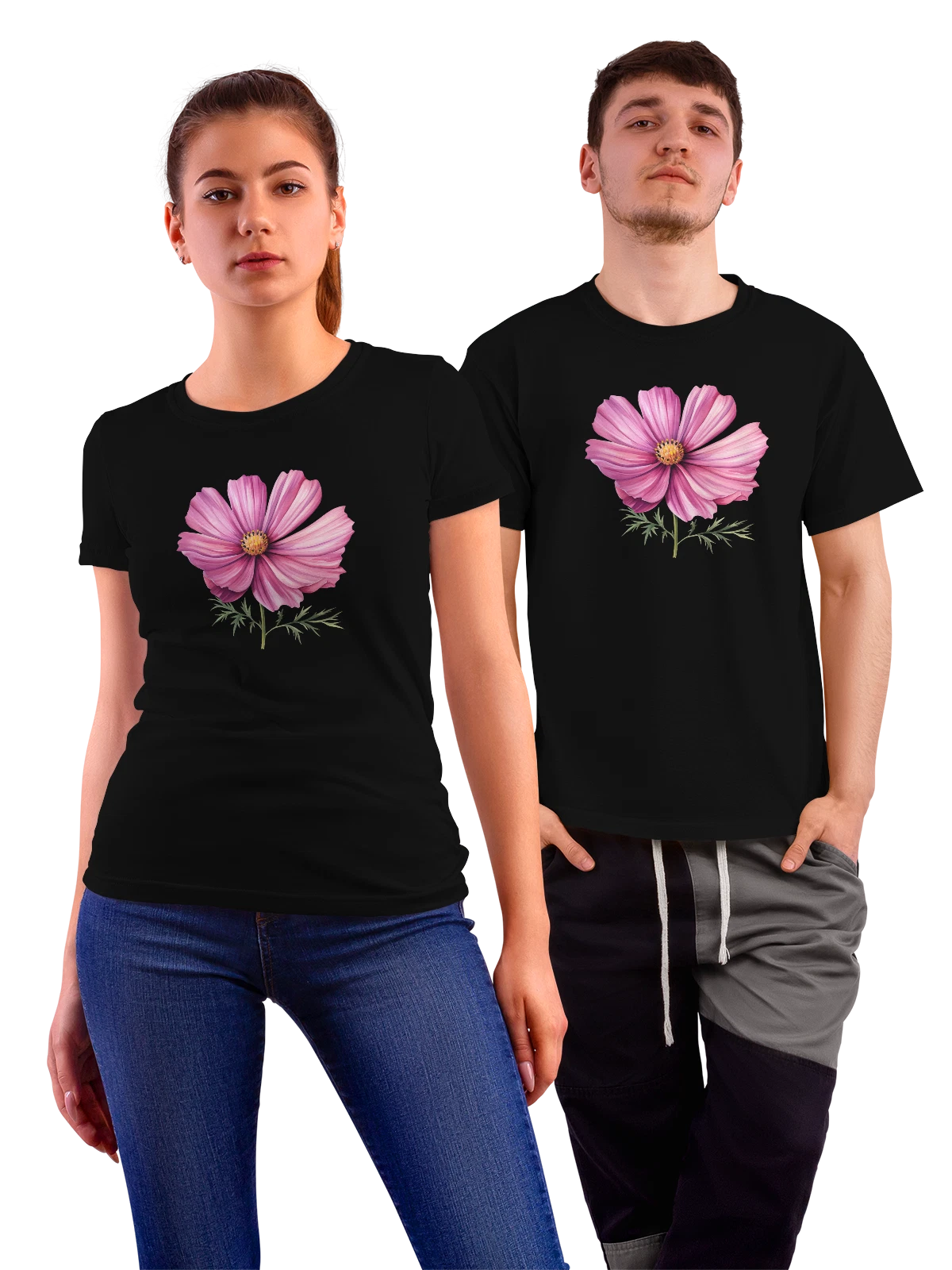 Футболка Розовая космея с зелеными листьями чёрная с принтом — лепестки — Чёрная, фото 1