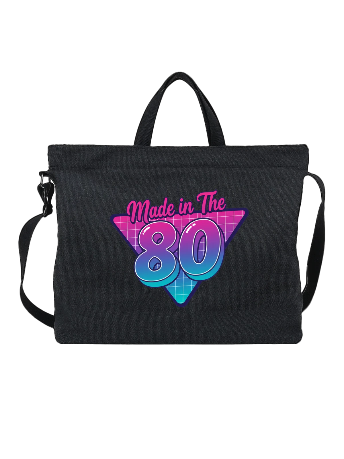 Сумка чёрная с принтом Made in The 80s неоновый ретро текст — синтвейв — Чёрная, фото 1