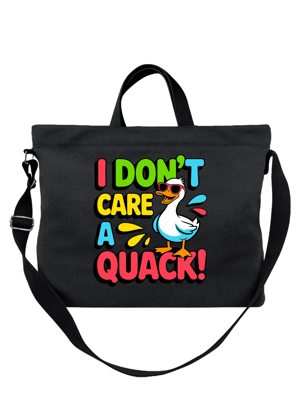 Сумка чёрная с принтом Утка в очках с надписью I DON'T CARE A QUACK — неоновый принт — Чёрная, фото 1