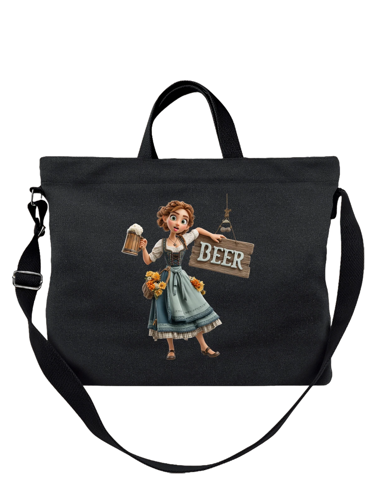 Сумка чёрная с принтом Девушка в дирндле с кружкой пива и BEER — деревянная табличка BEER — Чёрная, фото 1