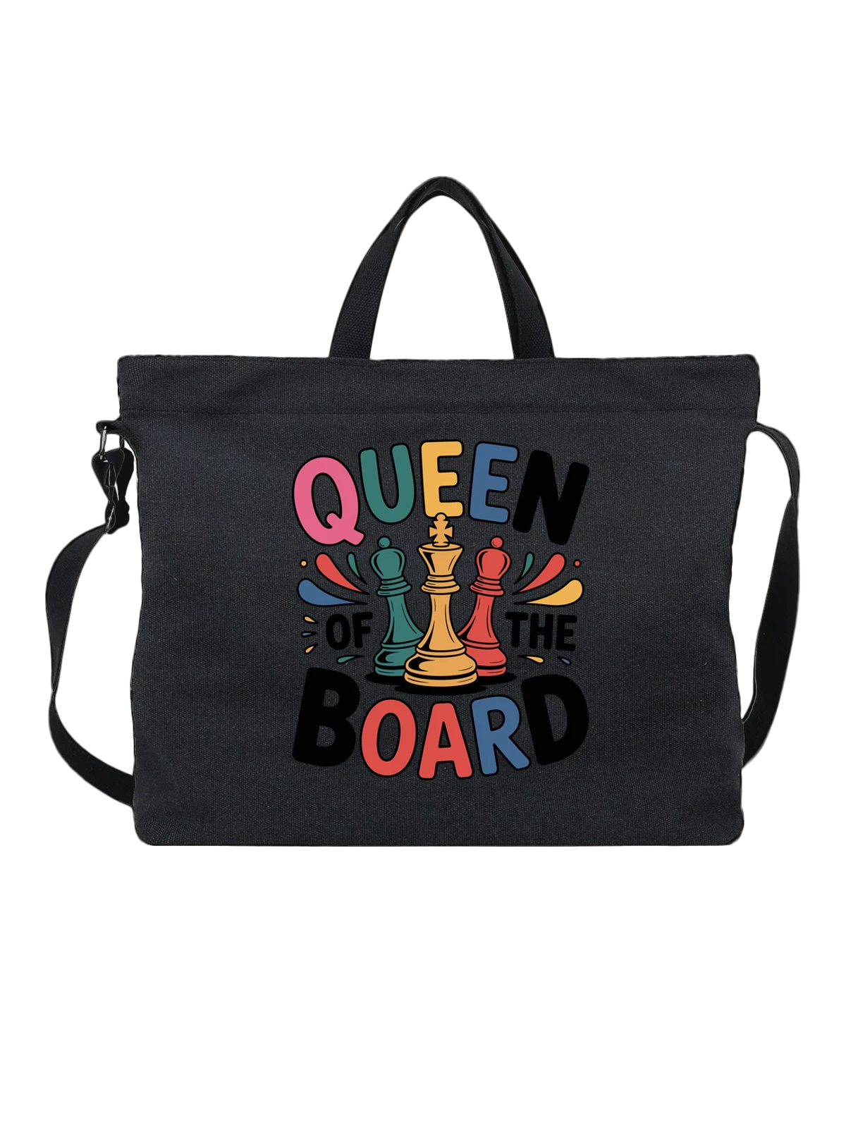 Сумка чёрная с принтом с шахматными фигурами и словом QUEEN — логотип — Чёрная, фото 1