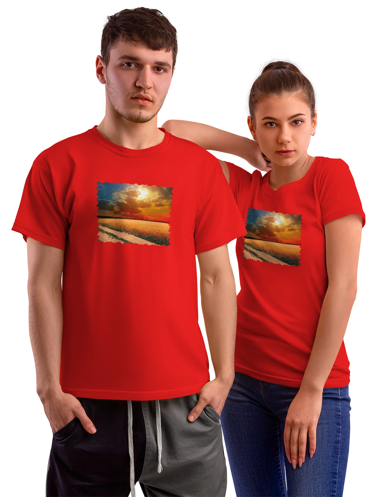 Футболка Природа sunset field красная с принтом — живописное место — Красная, фото 1