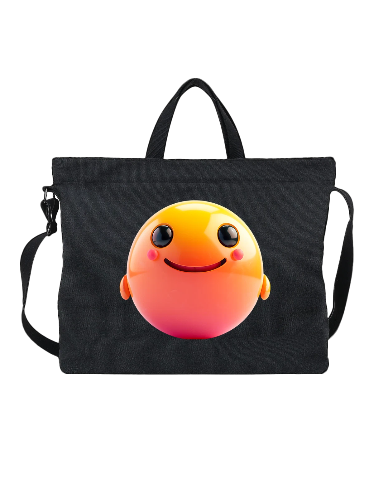 Сумка чёрная с принтом с круглым оранжевым smiling face emoji — розовые щечки — Чёрная, фото 1
