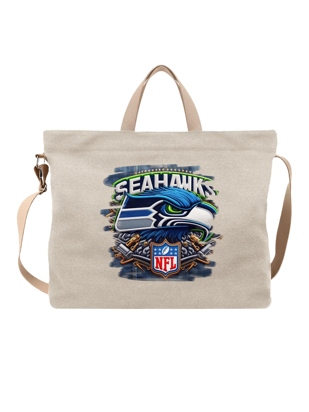 Сумка бежевая с принтом Seattle Seahawks с головой белоголового орлана — белоголовый орлан — Бежевая, фото 1