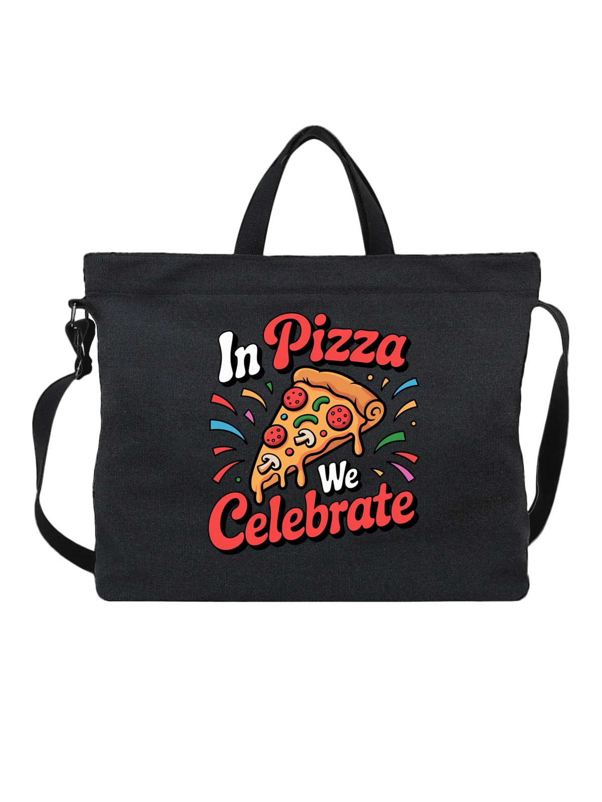 Сумка чёрная с принтом с пиццей In Pizza We Celebrate — томатный соус — Чёрная, фото 1