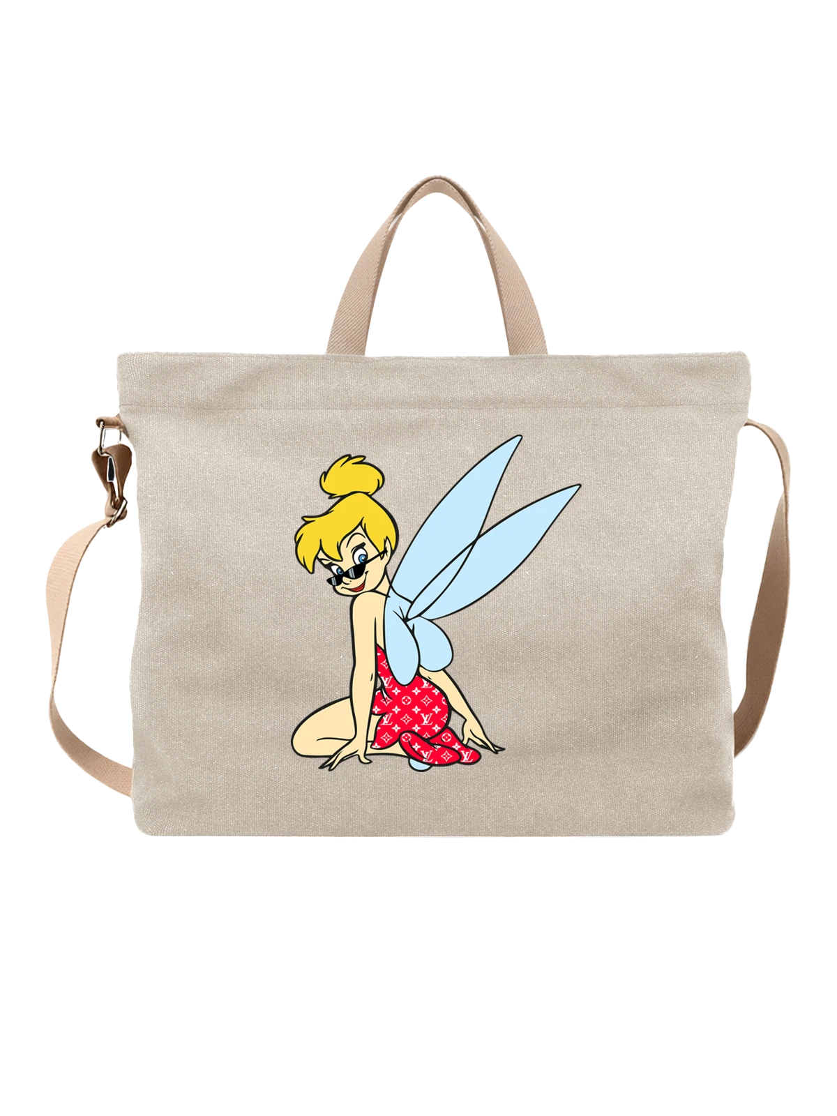 Сумка бежевая с принтом Фея с голубыми крыльями и логотипом LV — красное платье — Бежевая, фото 1