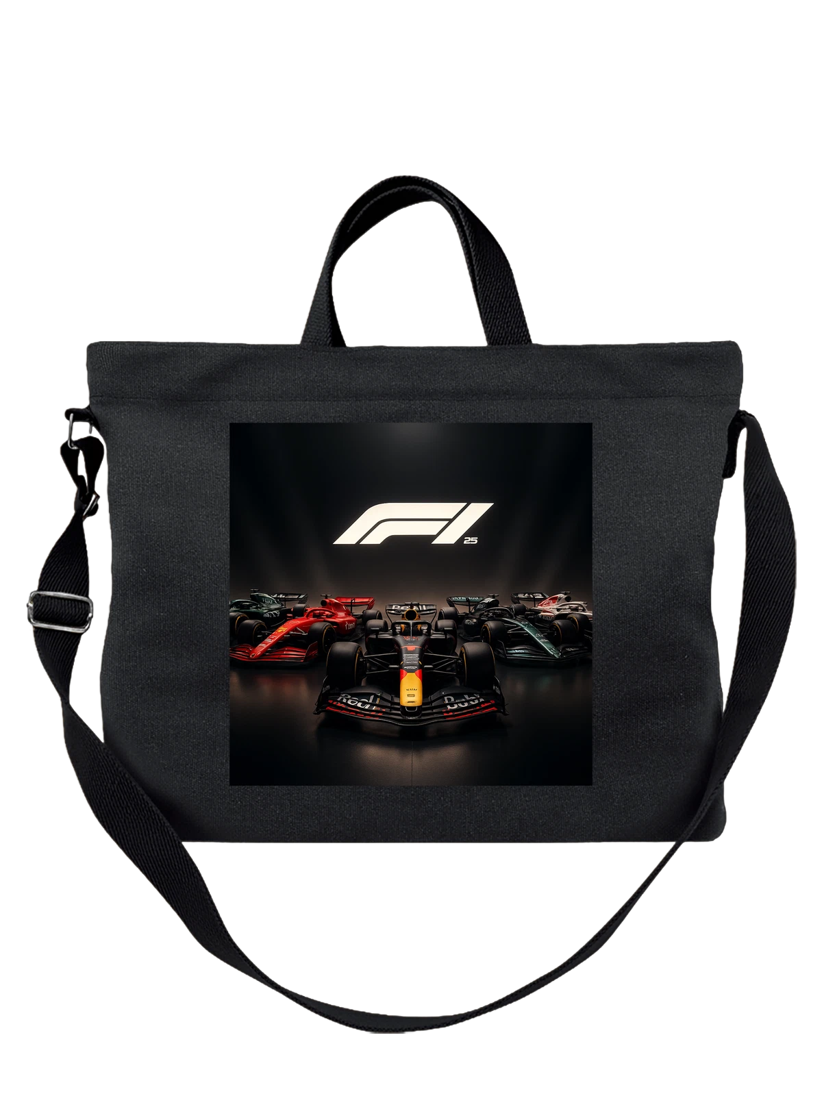 Сумка чёрная с принтом Формула 1 F1 2025 болиды и логотип на гоночных — официальный логотип F1 — Чёрная, фото 1