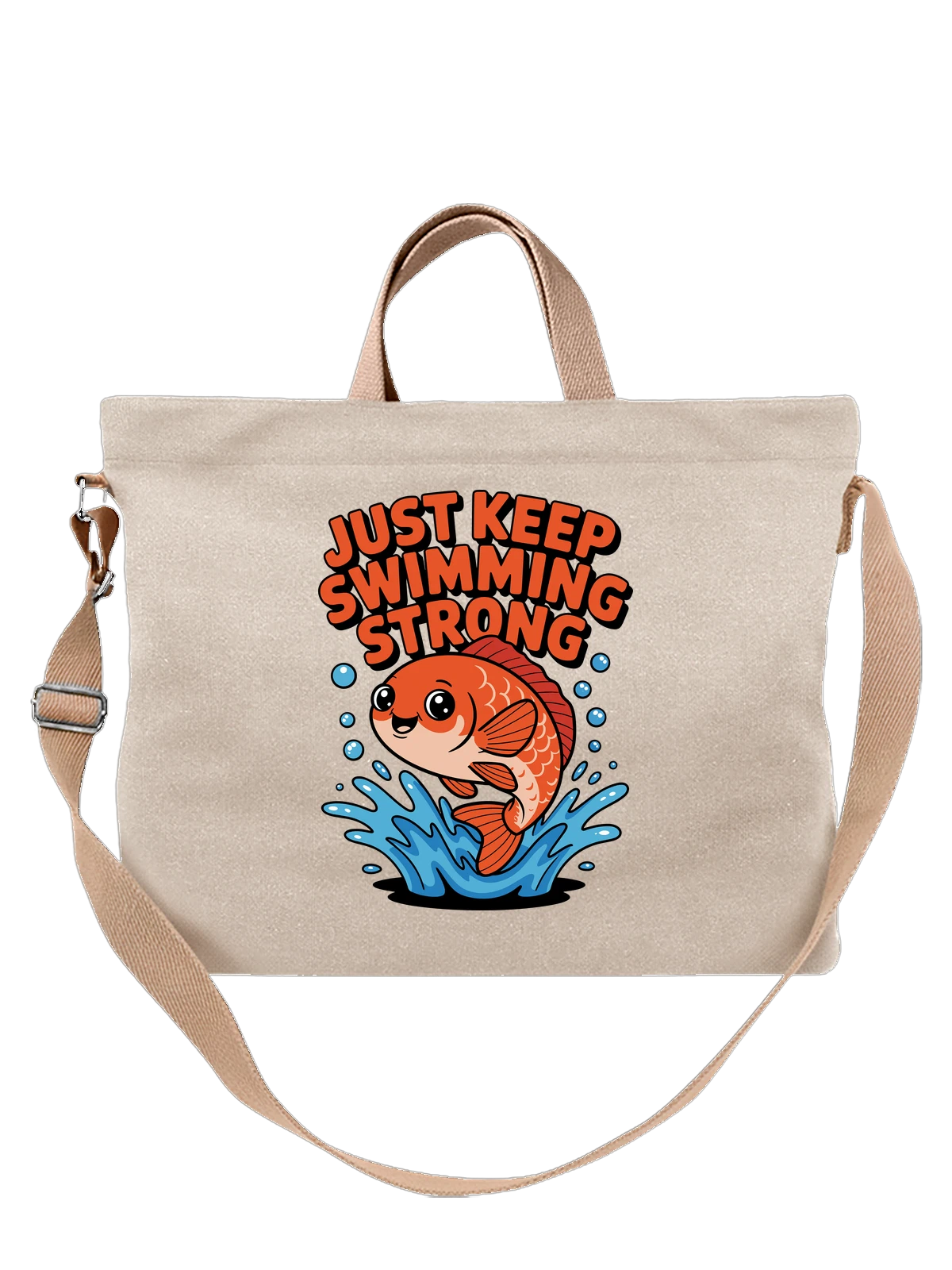 Сумка бежевая с принтом Карп оранжевый в воде JUST KEEP SWIMMING — подводная тема — Бежевая, фото 1