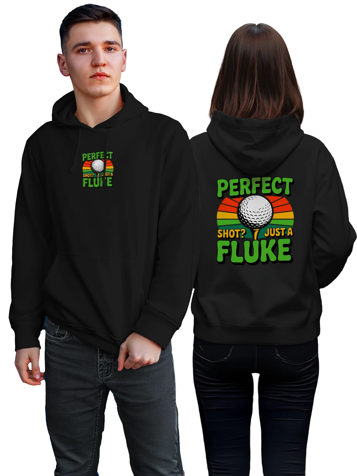 Худи для гольфа с надписью Perfect Fluke Shot чёрное с принтом — юмор про гольф — Чёрная, фото 1