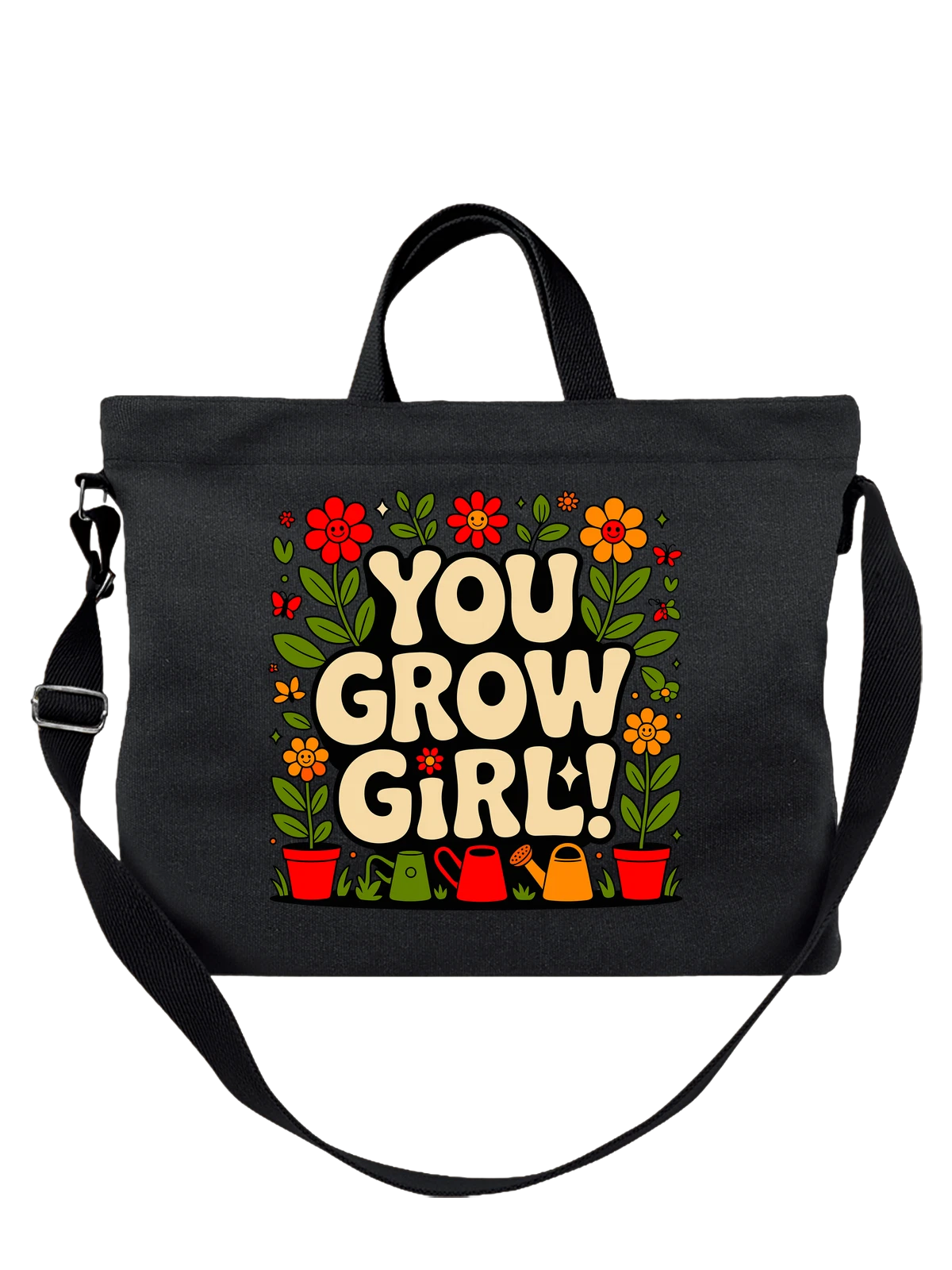 Сумка чёрная с принтом You Grow Girl с цветами и горшками — женский мотив — Чёрная, фото 1