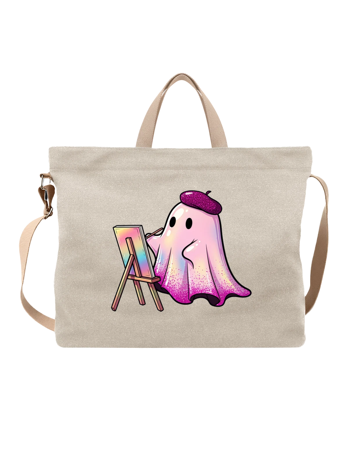 Сумка бежевая с принтом Милый призрак художник у мольберта — cute ghost — Бежевая, фото 1