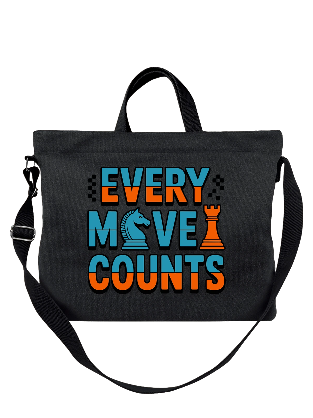 Сумка чёрная с принтом Шахматный слоган Every Move Counts — стратегия — Чёрная, фото 1
