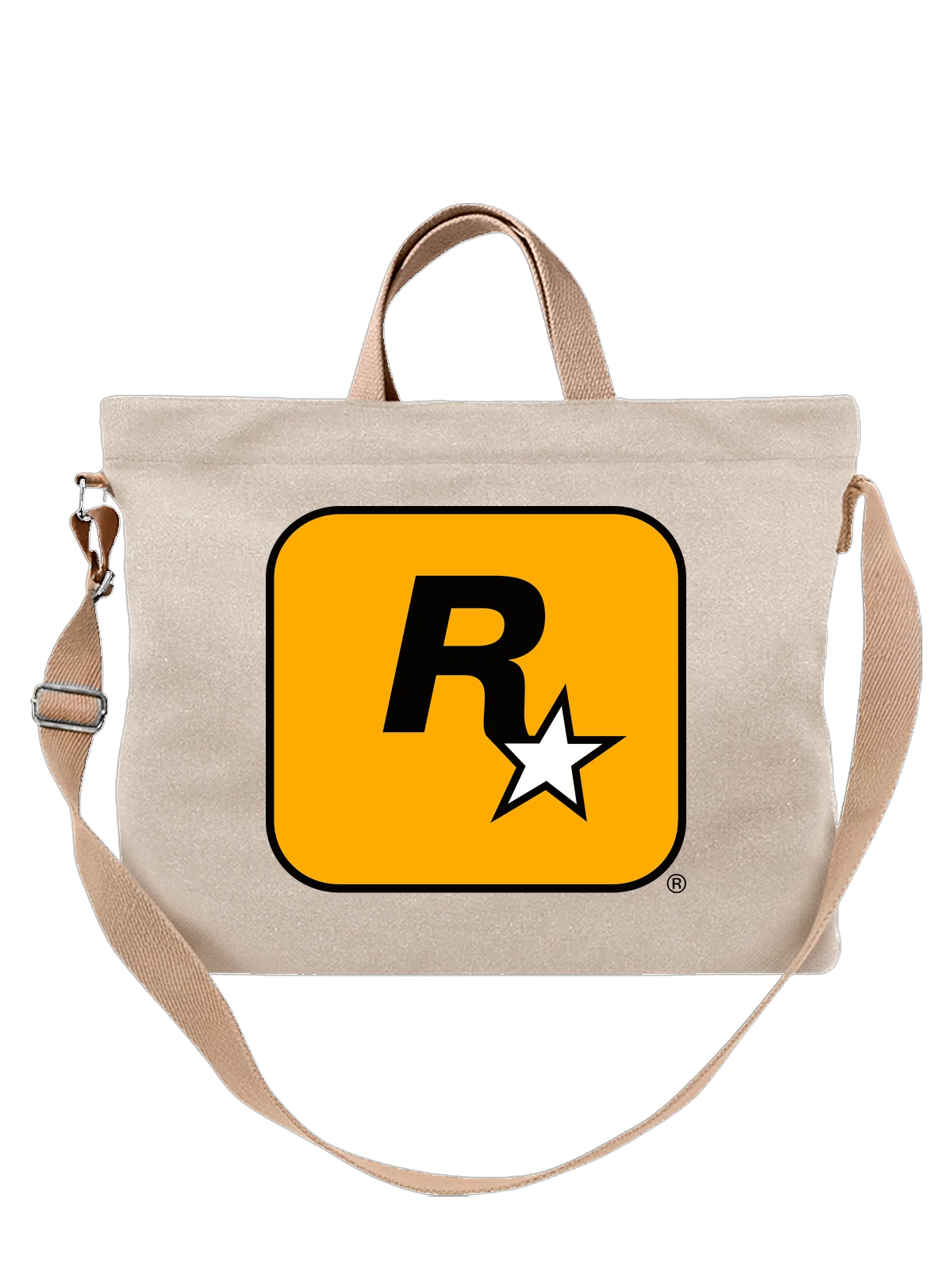 Сумка бежевая с принтом Логотип Rockstar Games R* желтый фон — видеоигры — Бежевая, фото 1