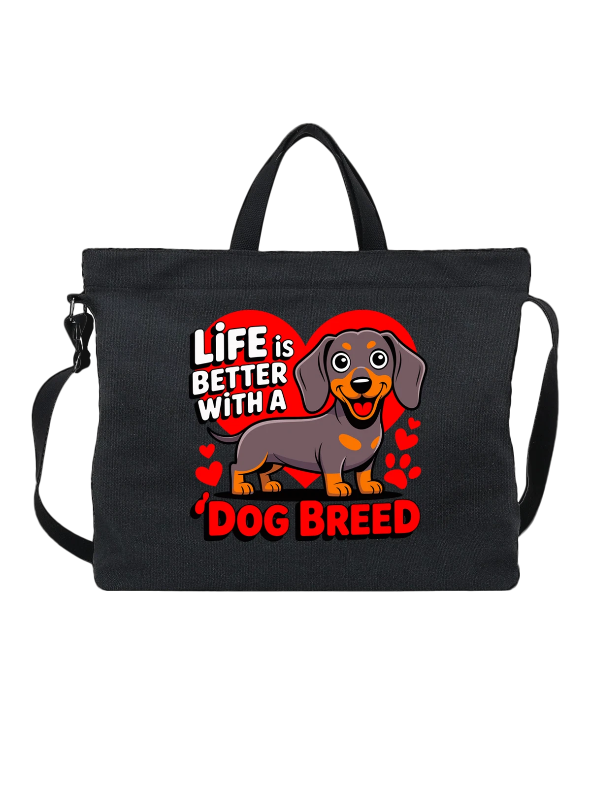 Сумка чёрная с принтом Такса с надписью Life is Better with a Dog — короткие лапы — Чёрная, фото 1