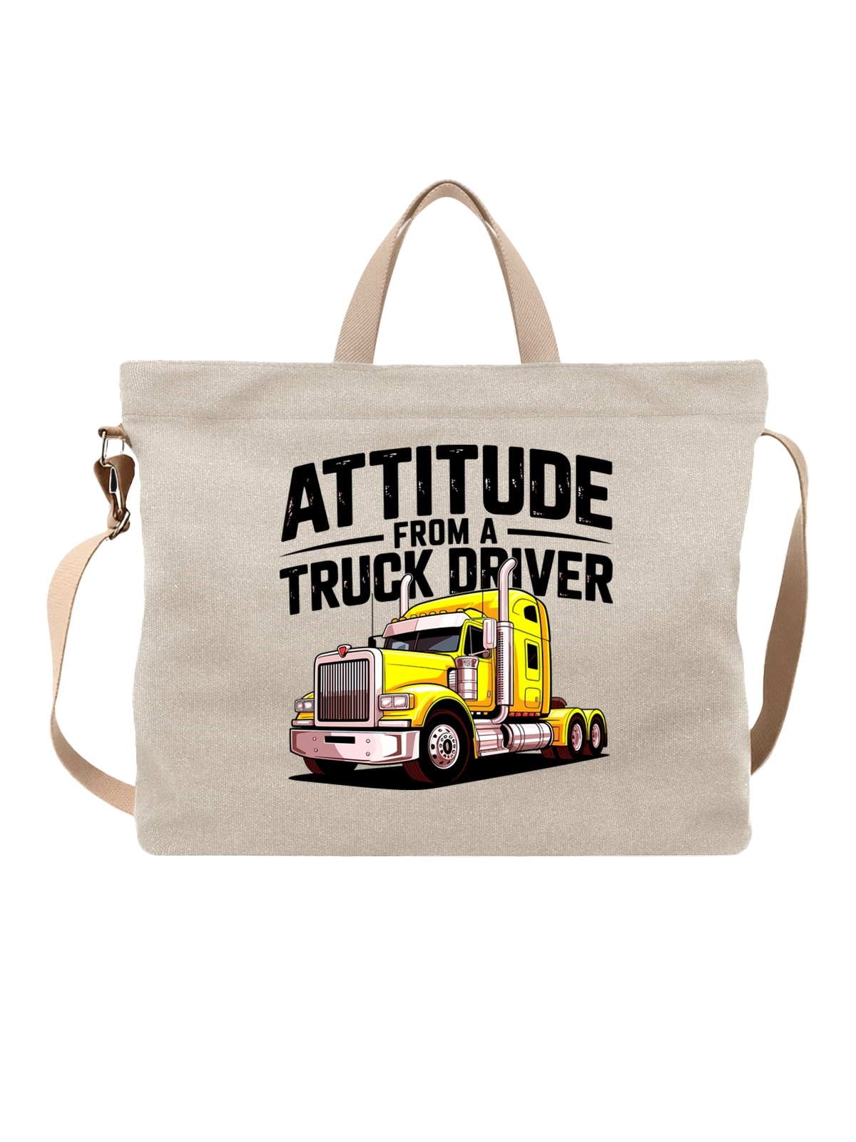 Сумка бежевая с принтом с желтым Kenworth semi-truck — hooded cab — Бежевая, фото 1