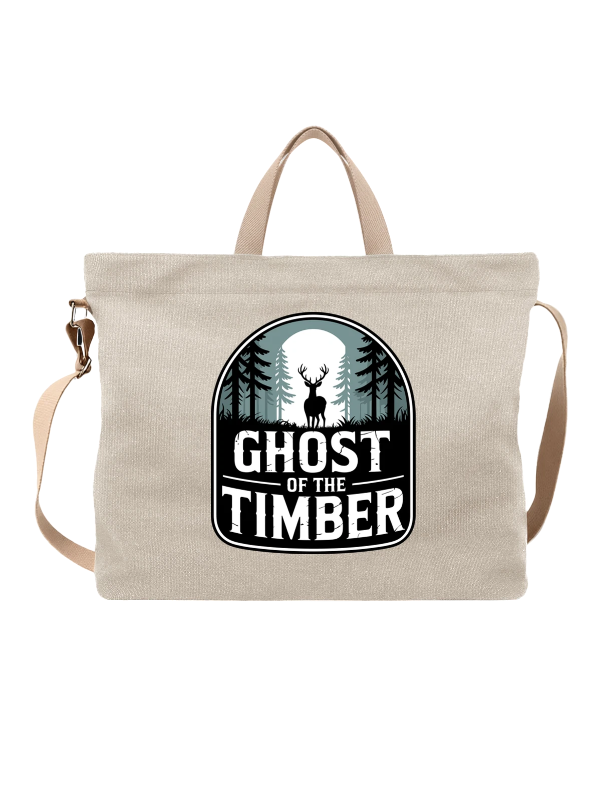 Сумка бежевая с принтом Олень в лесу Ghost of the Timber — охотничий стиль — Бежевая, фото 1