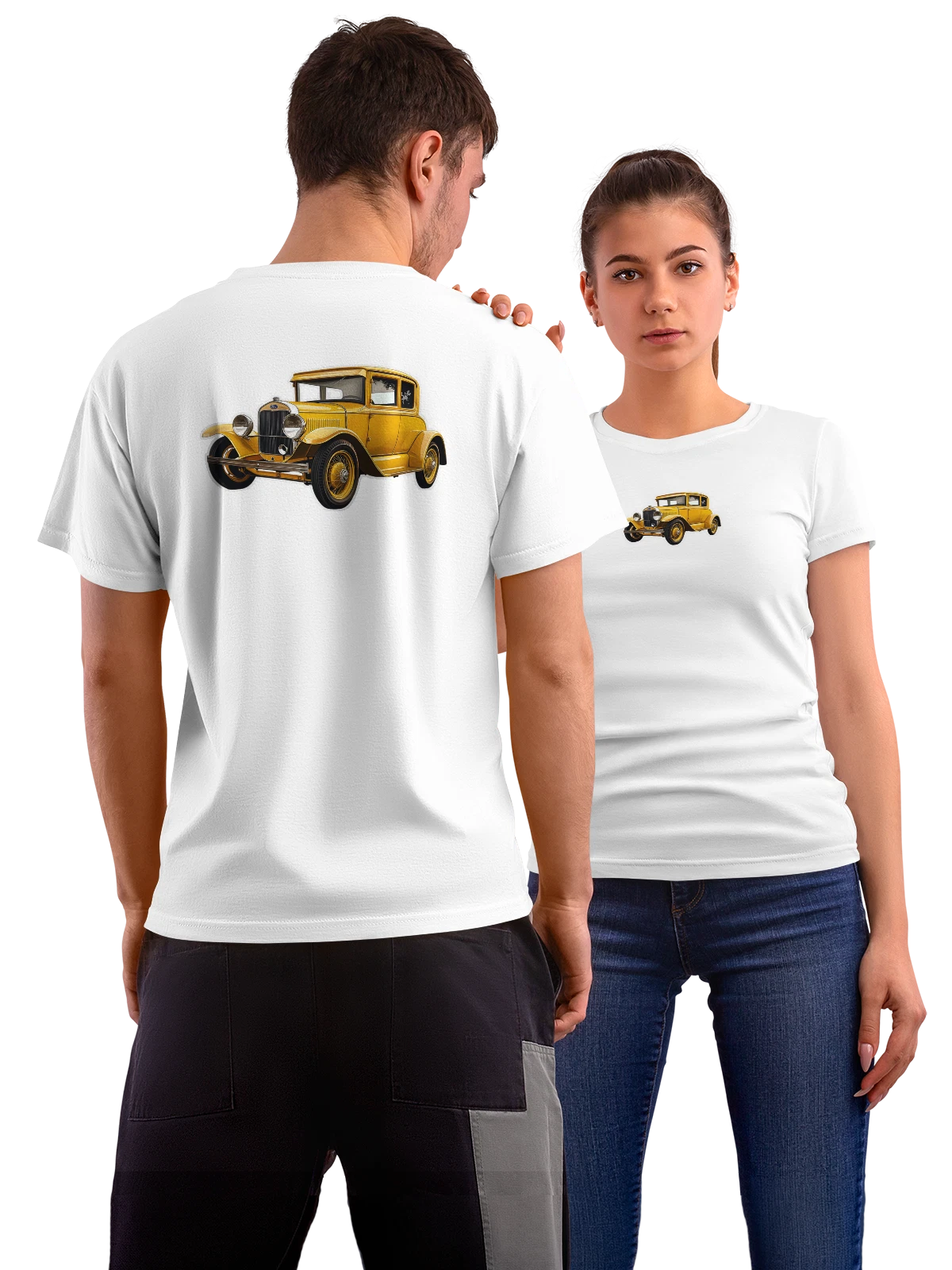 Футболка Желтый ретро автомобиль Ford Model A белая с принтом на спине — хромированный бампер — Белая, фото 1