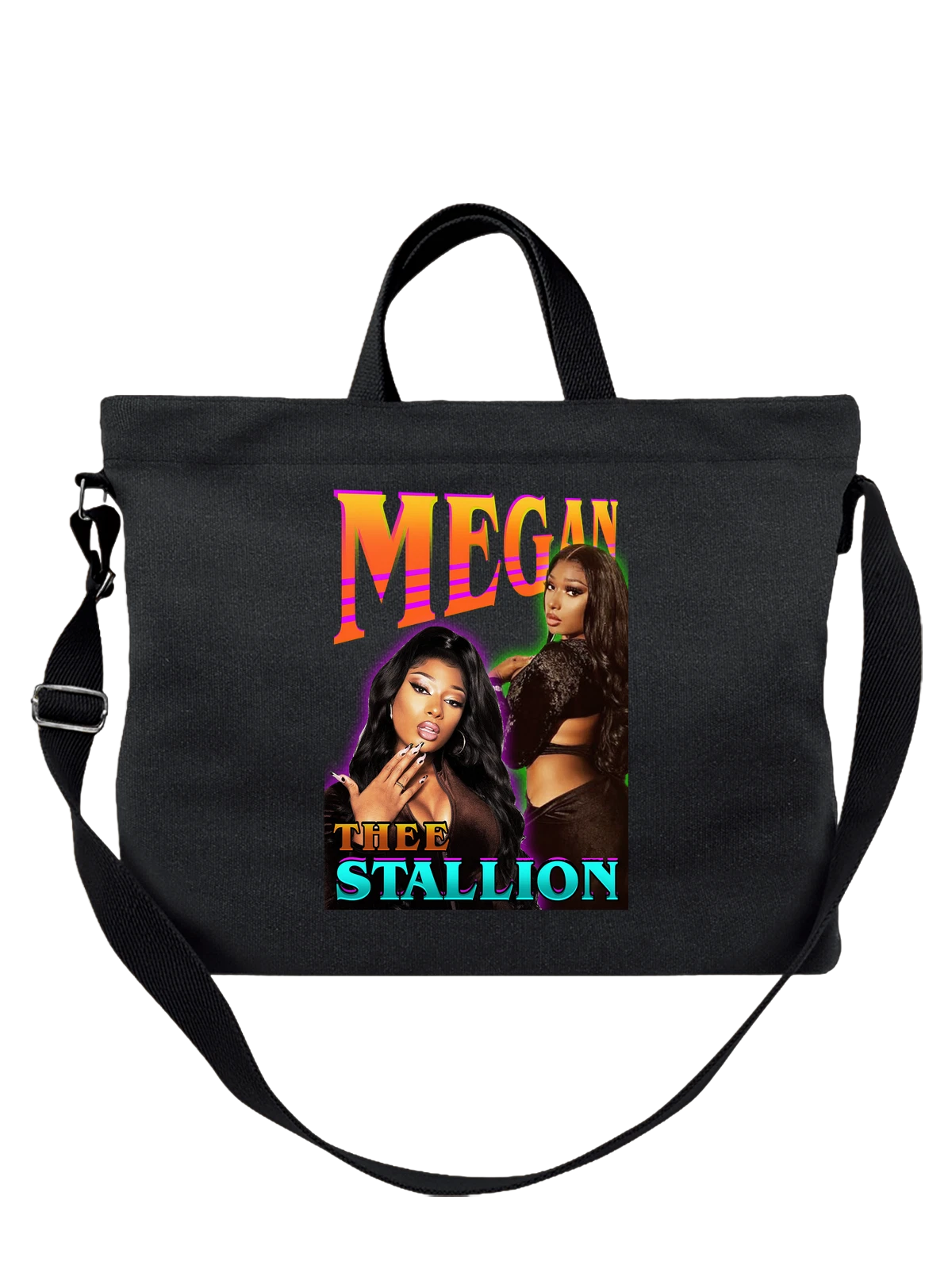 Сумка чёрная с принтом Megan Thee Stallion в неоновых цветах — постерный стиль — Чёрная, фото 1
