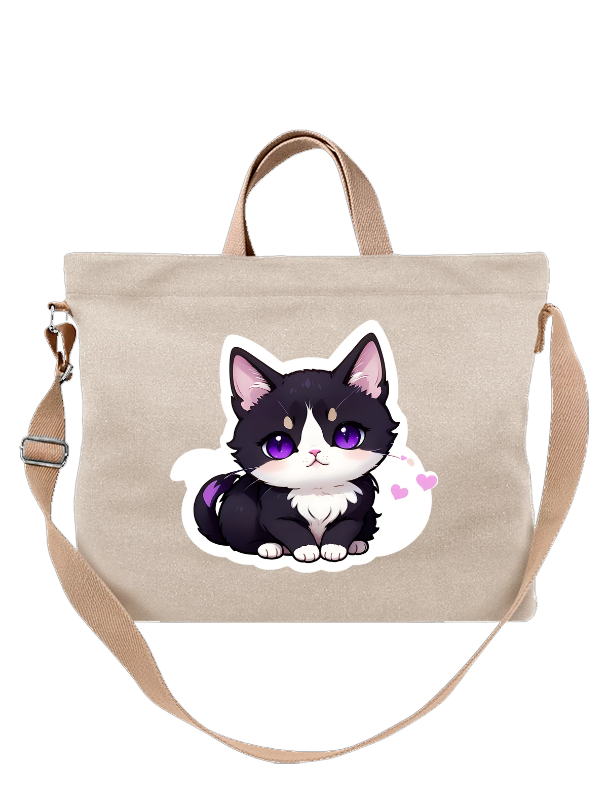 Сумка бежевая с принтом Милый черный котенок с фиолетовыми глазами — kawaii кот — Бежевая, фото 1