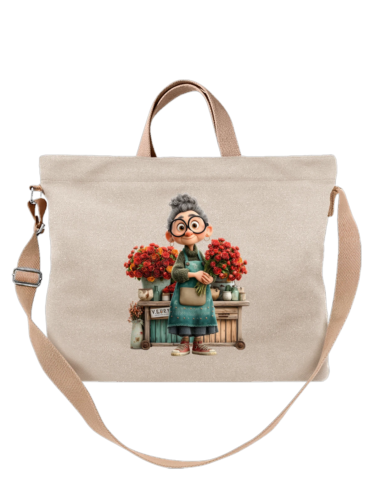 Сумка бежевая с принтом Elderly florist woman с букетом роз — садовые розы — Бежевая, фото 1