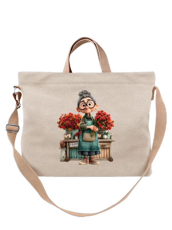 Сумка бежевая с принтом Elderly florist woman с букетом роз — Бежевая, фото 1