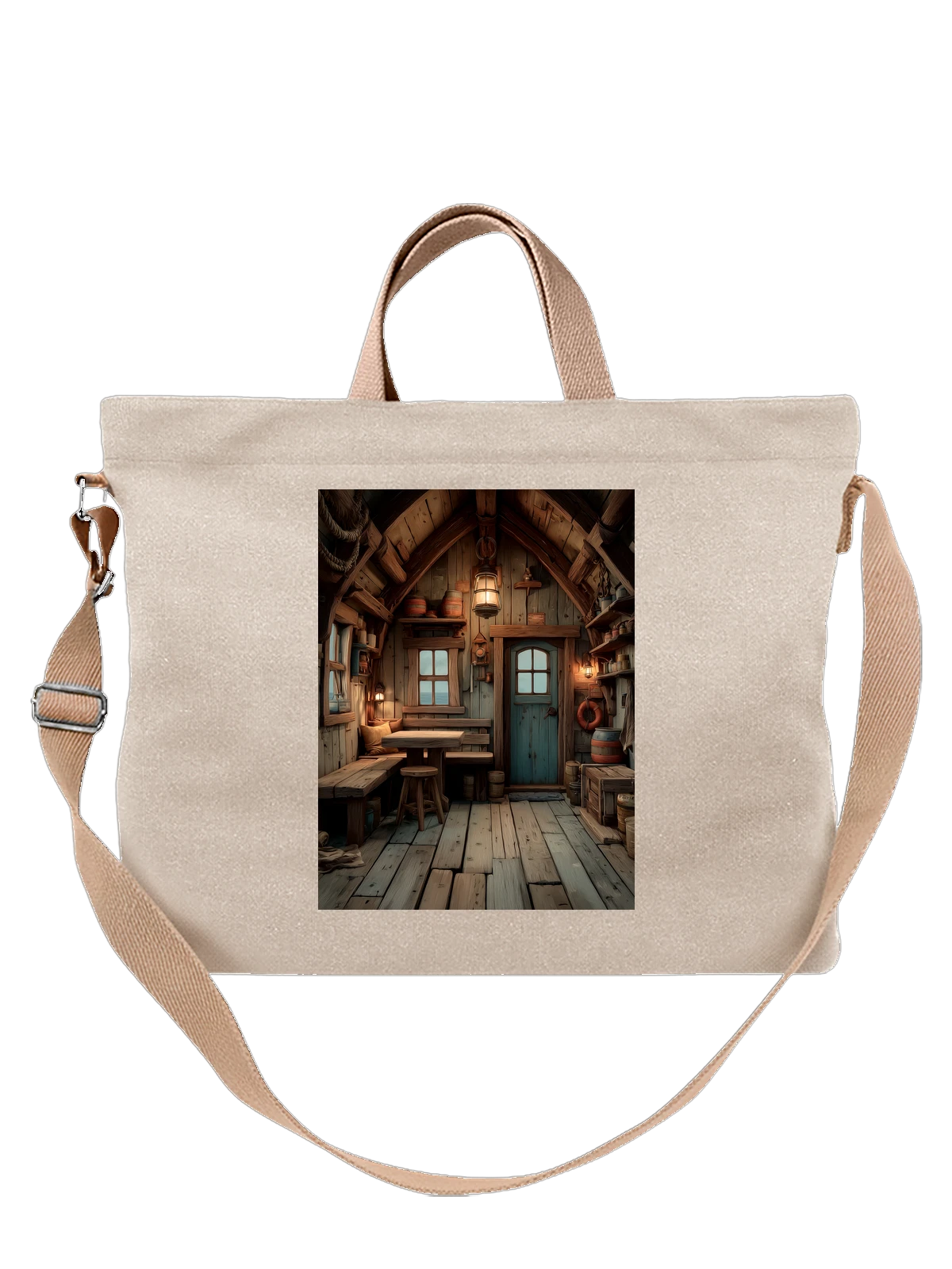 Сумка бежевая с принтом Морская каюта с фонарем и деревянной мебелью — деревянные стены — Бежевая, фото 1