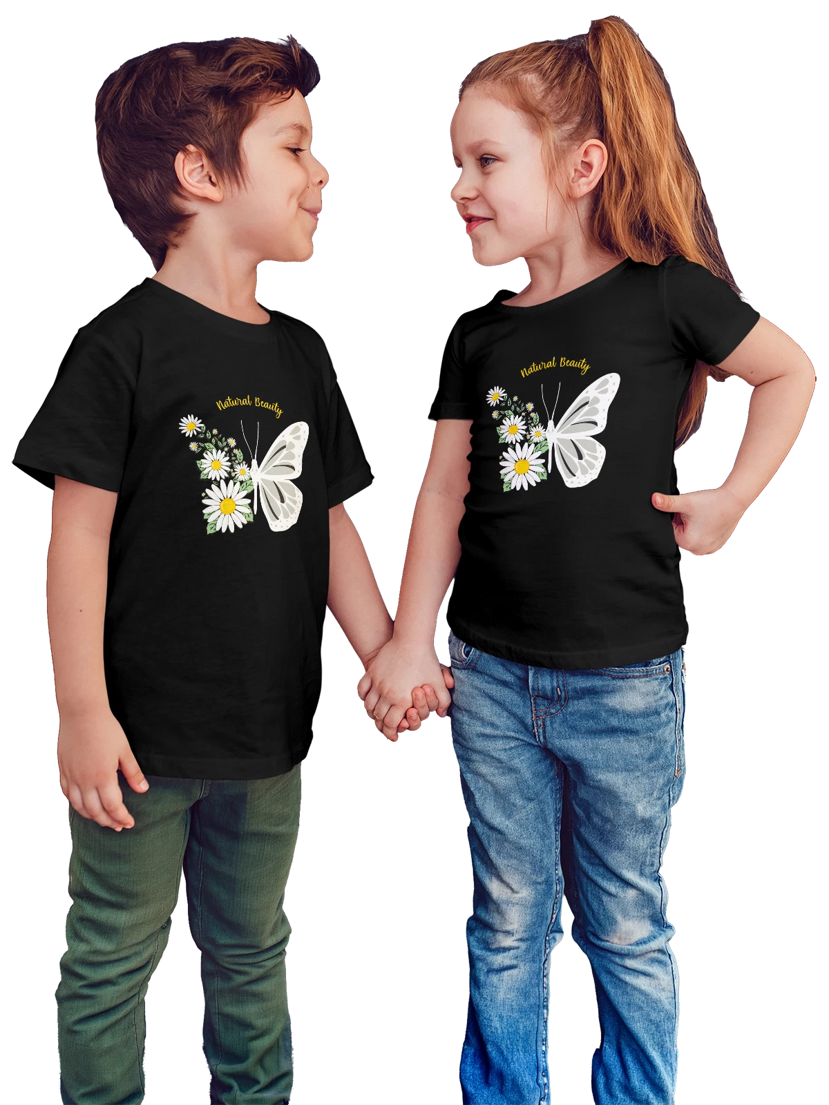 Футболка детская Бабочка ромашки natural beauty чёрная с принтом — подарок любителю природы — Чёрная, фото 1