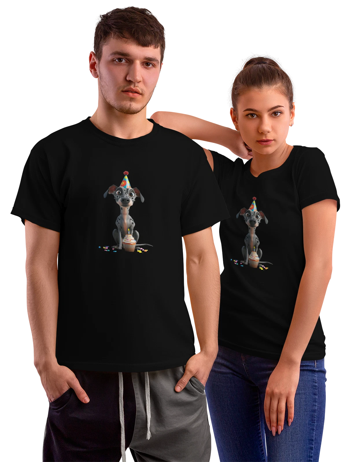 Футболка Щенок далматинец в праздничном колпаке чёрная с принтом — поздравление — Чёрная, фото 1