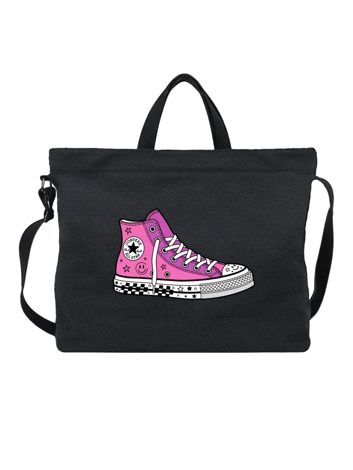 Сумка чёрная с принтом с розовым высоким кедом Converse — резиновая подошва — Чёрная, фото 1