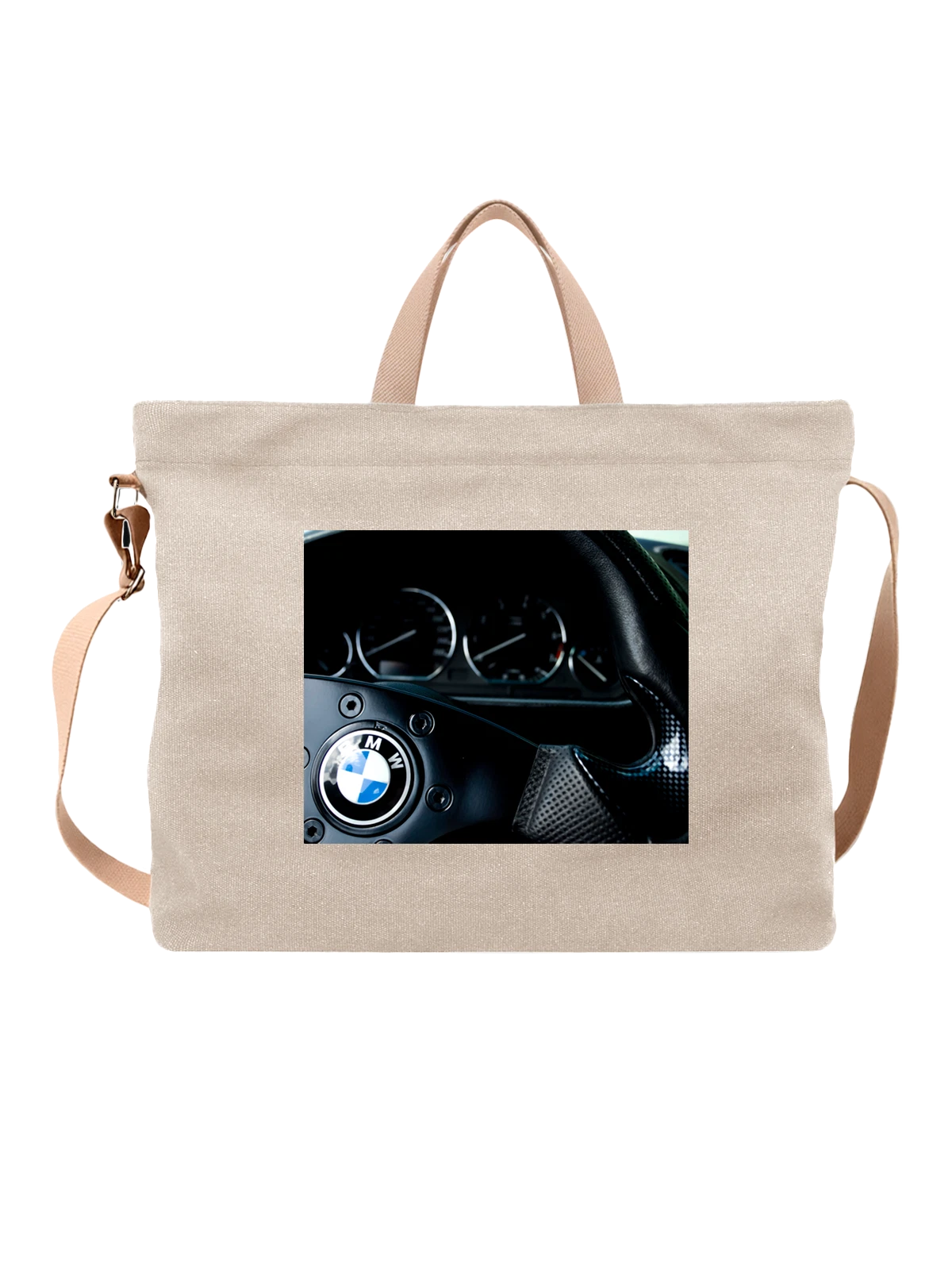 Сумка бежевая с принтом Машина Руль BMW — современная машина — Бежевая, фото 1