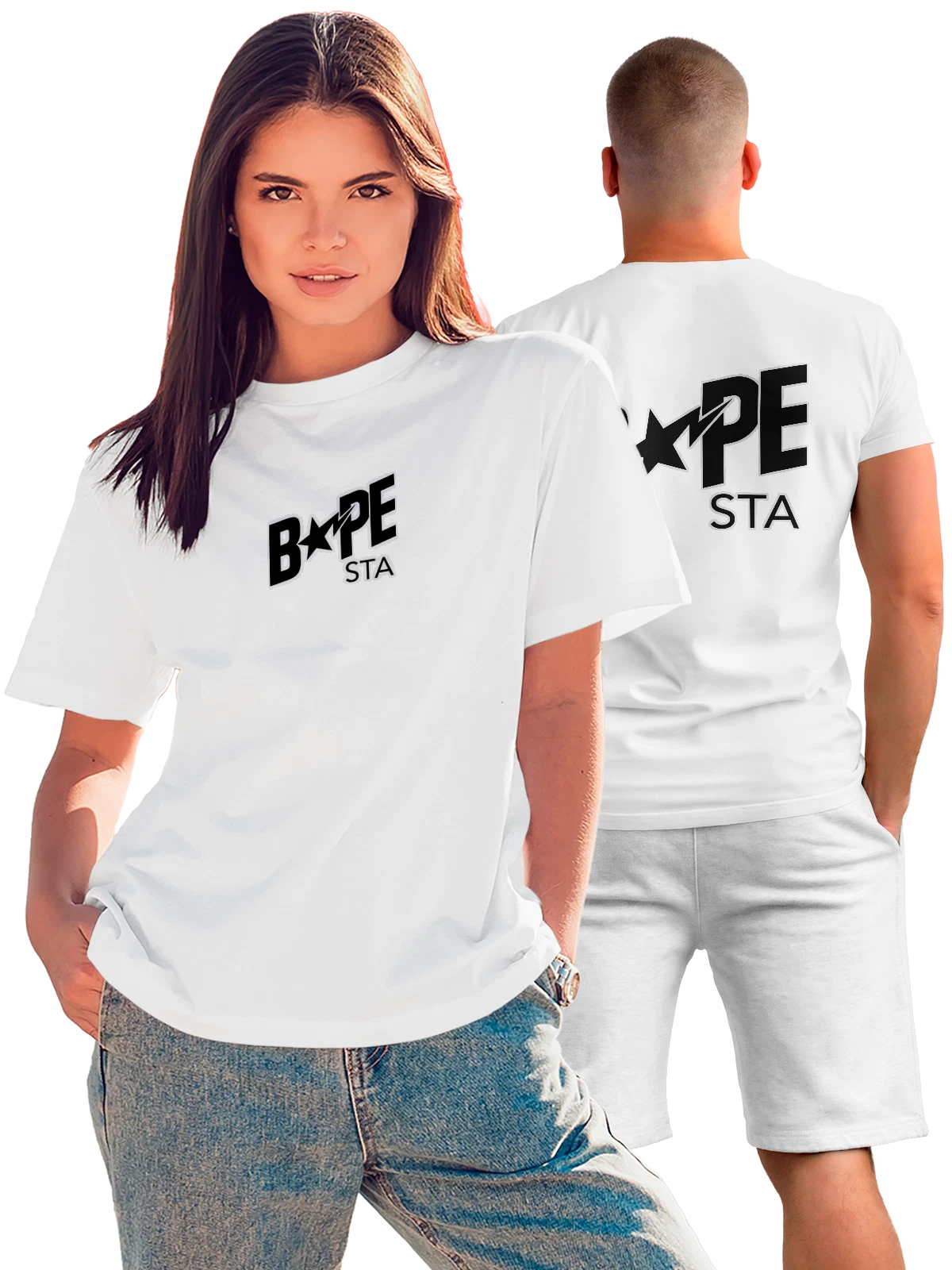 Футболка BAPE белая с принтом на спине — кроссовки со звездой — Белая, фото 1