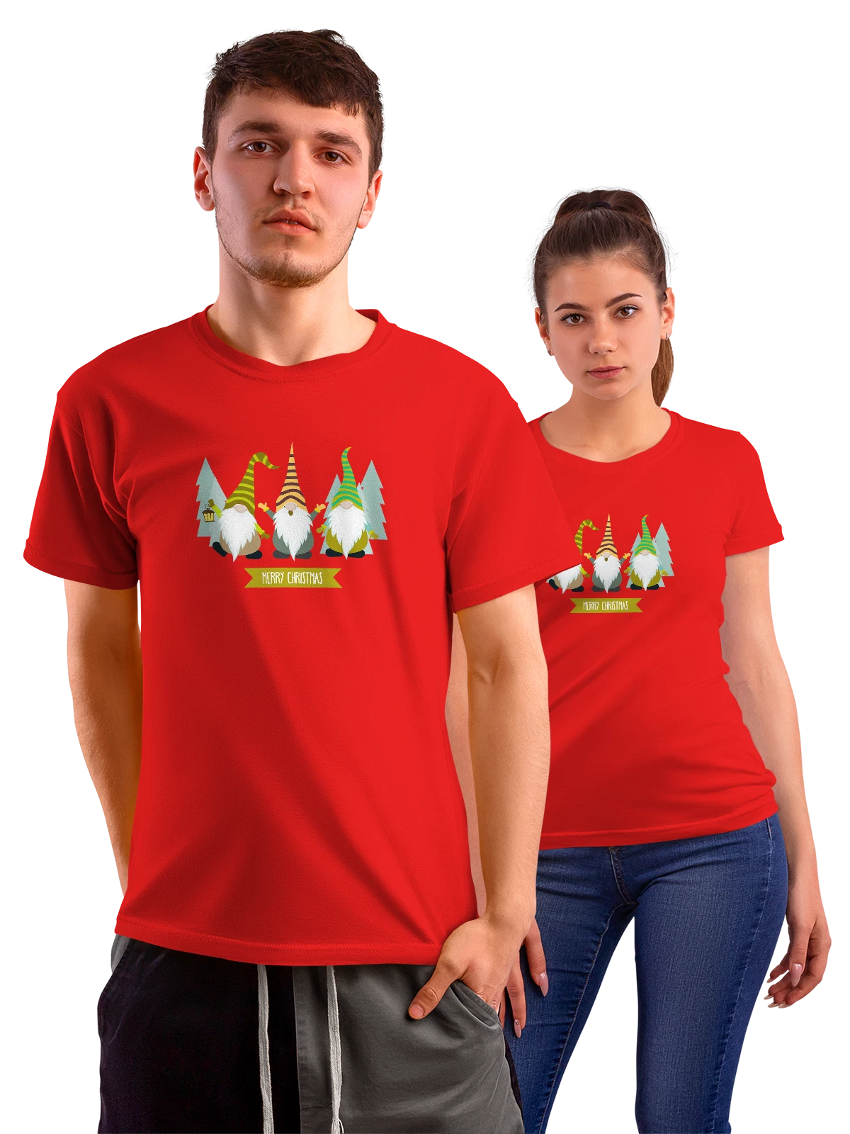 Футболка с гномами merry christmas красная с принтом — зимняя сказка — Красная, фото 1