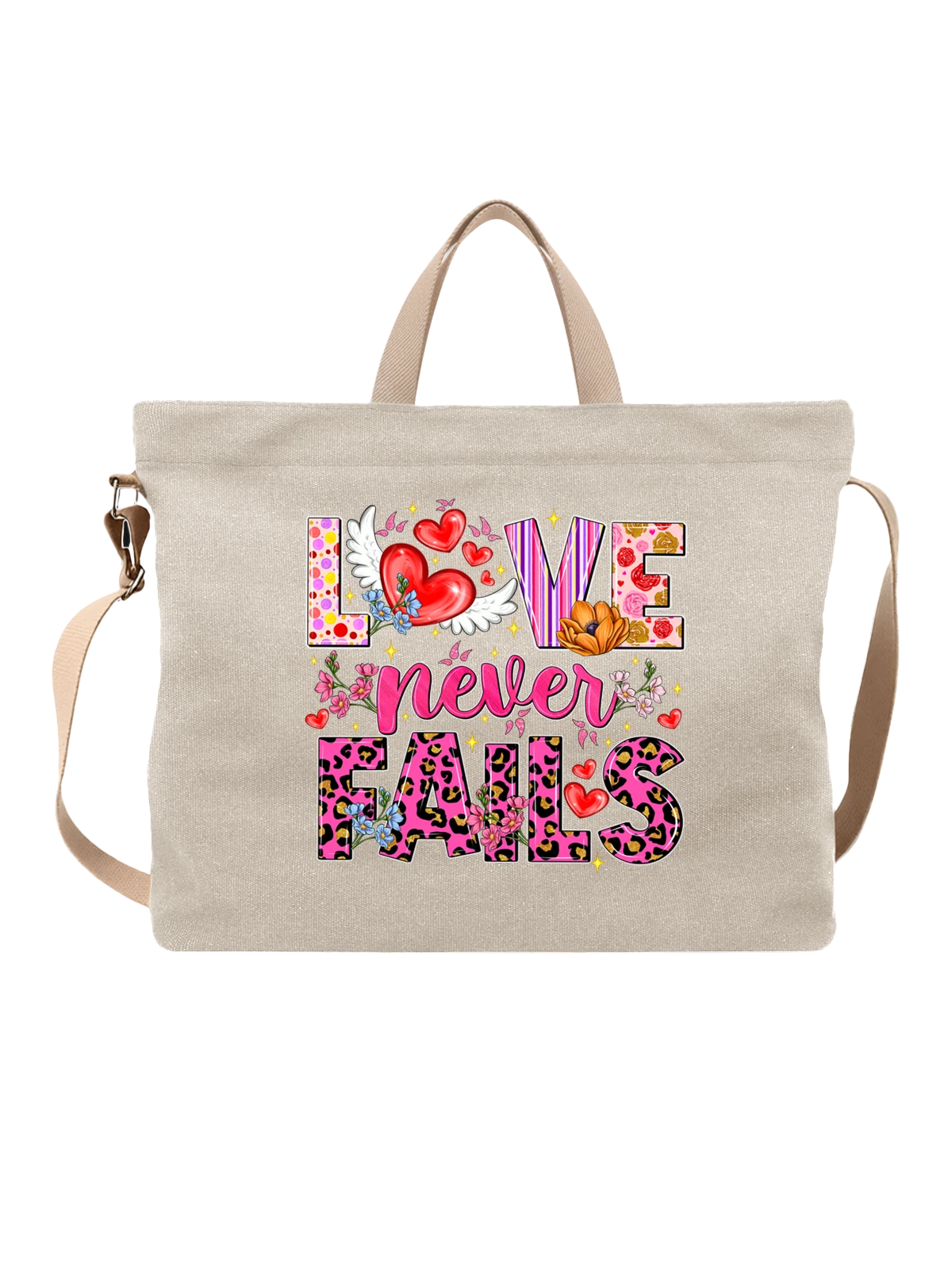 Сумка бежевая с принтом Love never fails сердца и цветы с крыльями — декоративный текст — Бежевая, фото 1