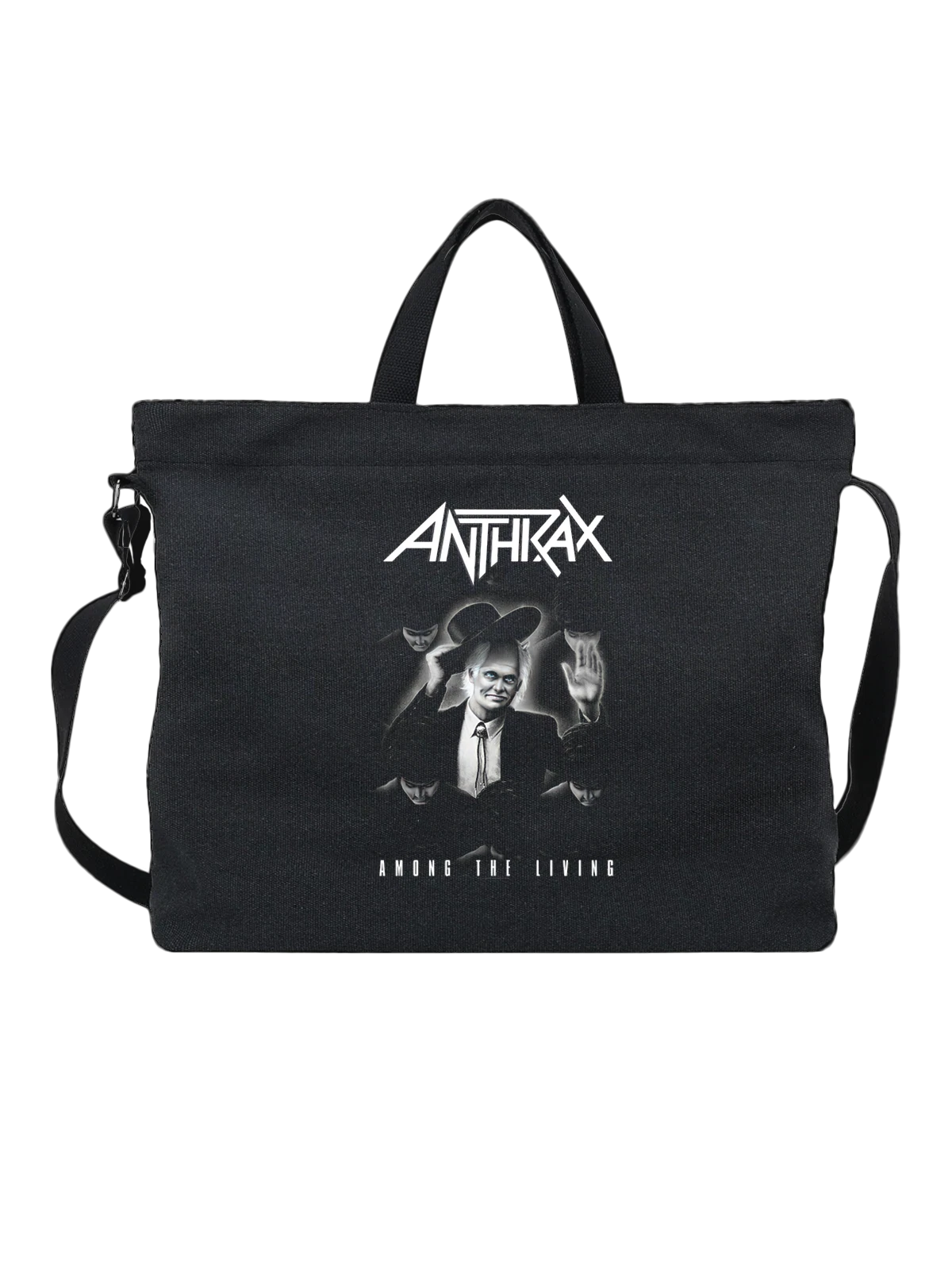 Сумка чёрная с принтом Anthrax с портретом вокалиста группы — несколько лиц — Чёрная, фото 1