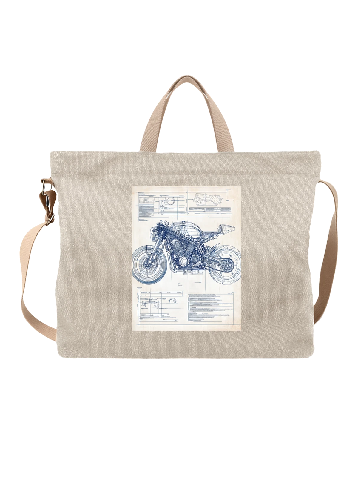 Сумка бежевая с принтом Чертеж гоночного спортивного мотоцикла — blueprint motorcycle — Бежевая, фото 1