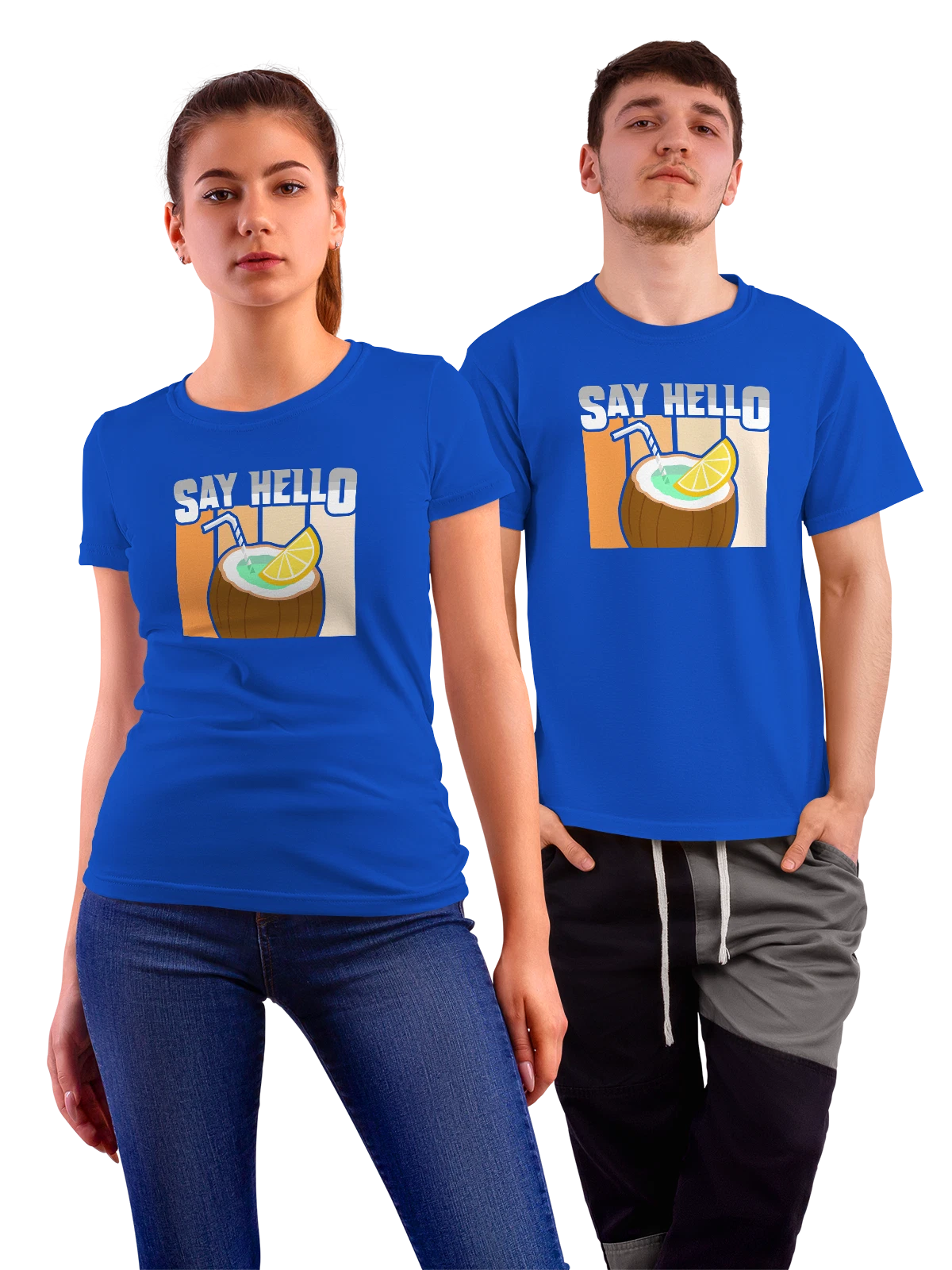 Футболка Кокос say hello синяя с принтом — растительная пища — Синяя, фото 1