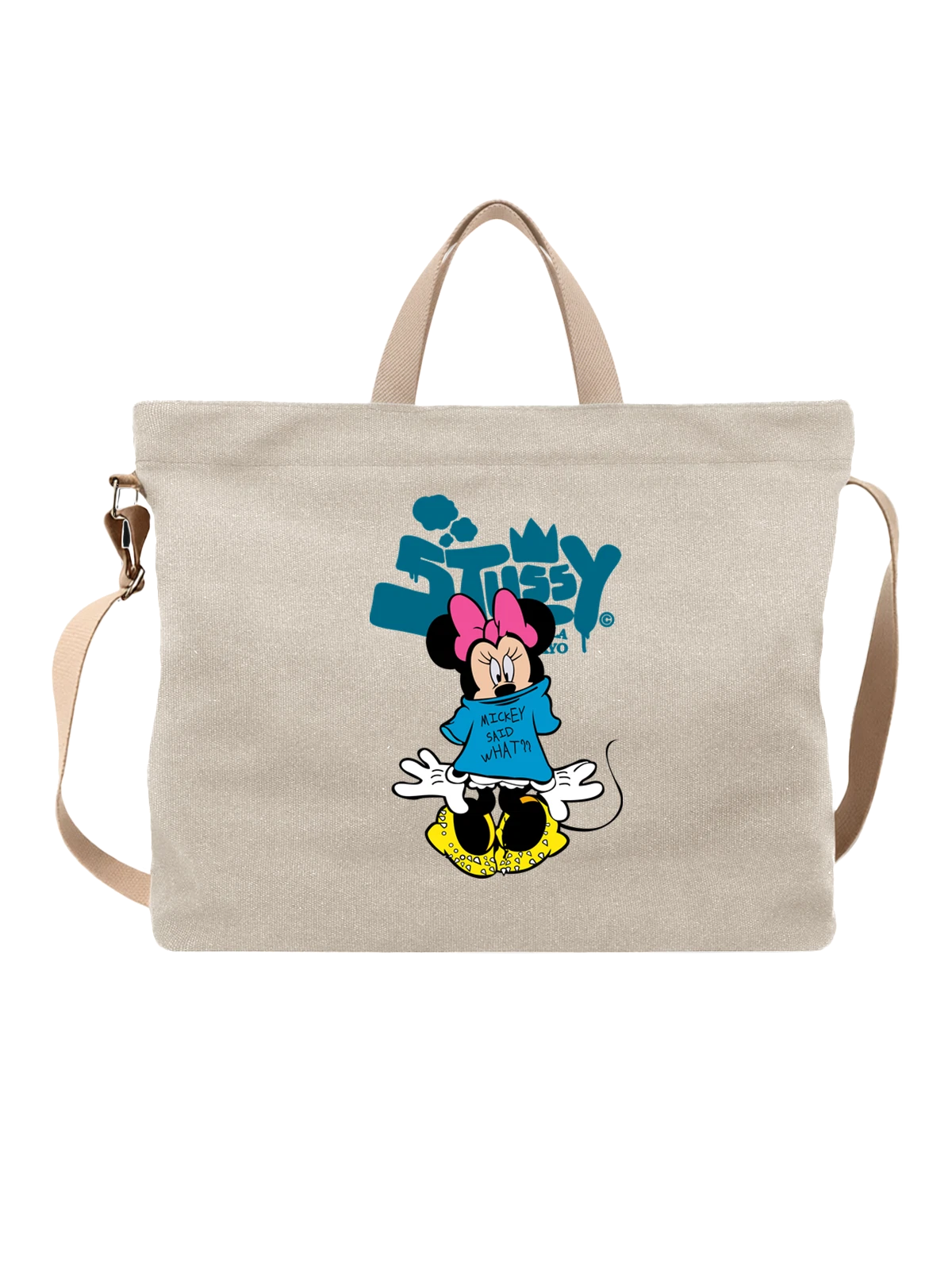 Сумка бежевая с принтом Минни Маус в майке Mickey Said What — детский принт — Бежевая, фото 1