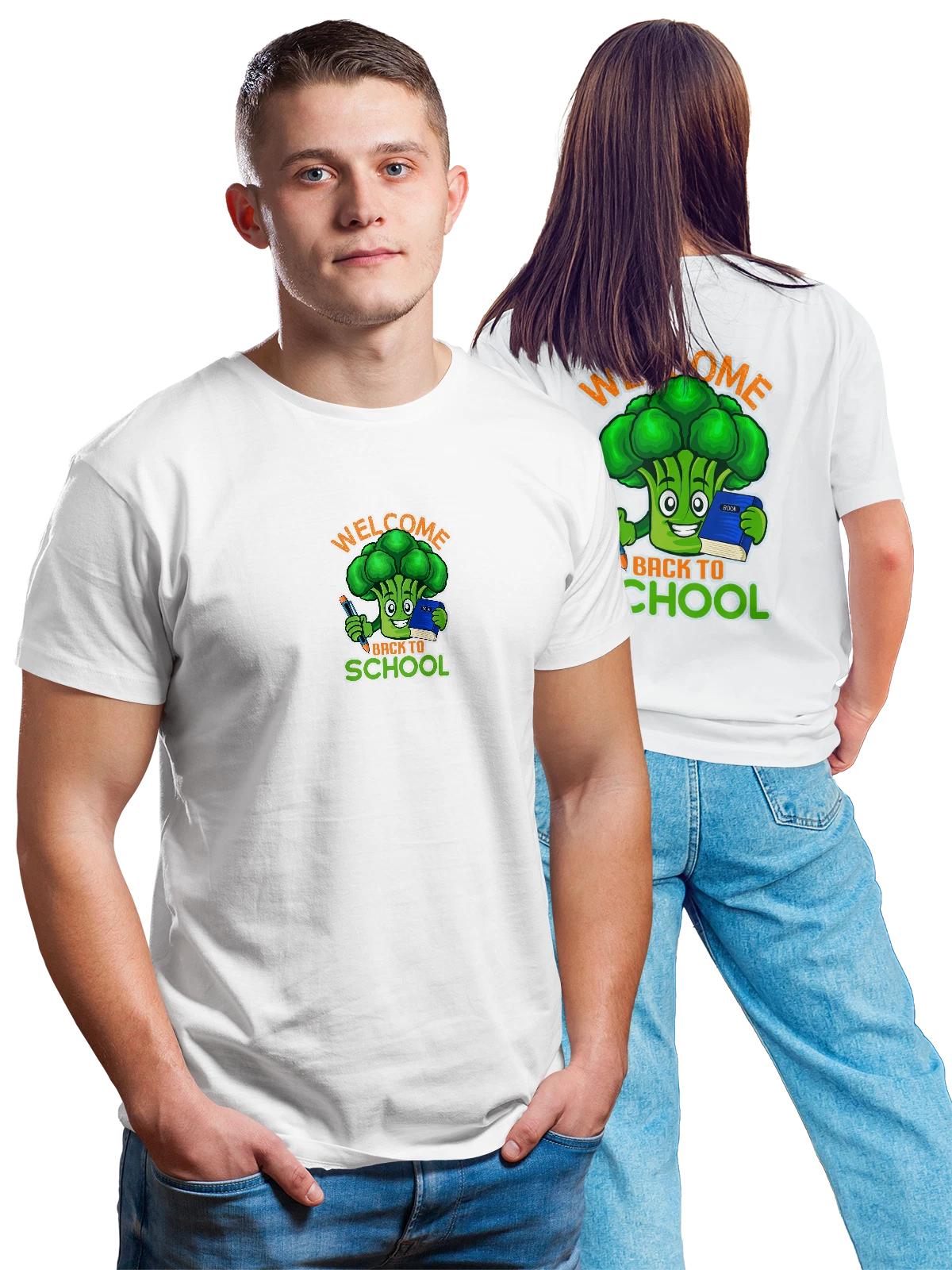 Футболка Брокколи welcome back to school белая с принтом на спине — забавная еда — Белая, фото 1