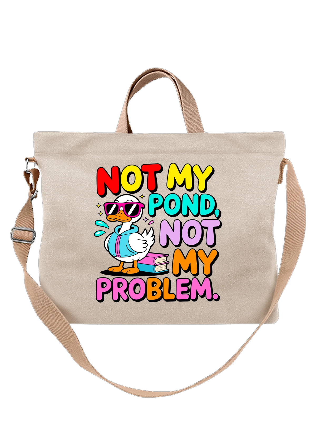 Сумка бежевая с принтом Утка в очках и худи с книгами Not My Problem — cartoon duck — Бежевая, фото 1