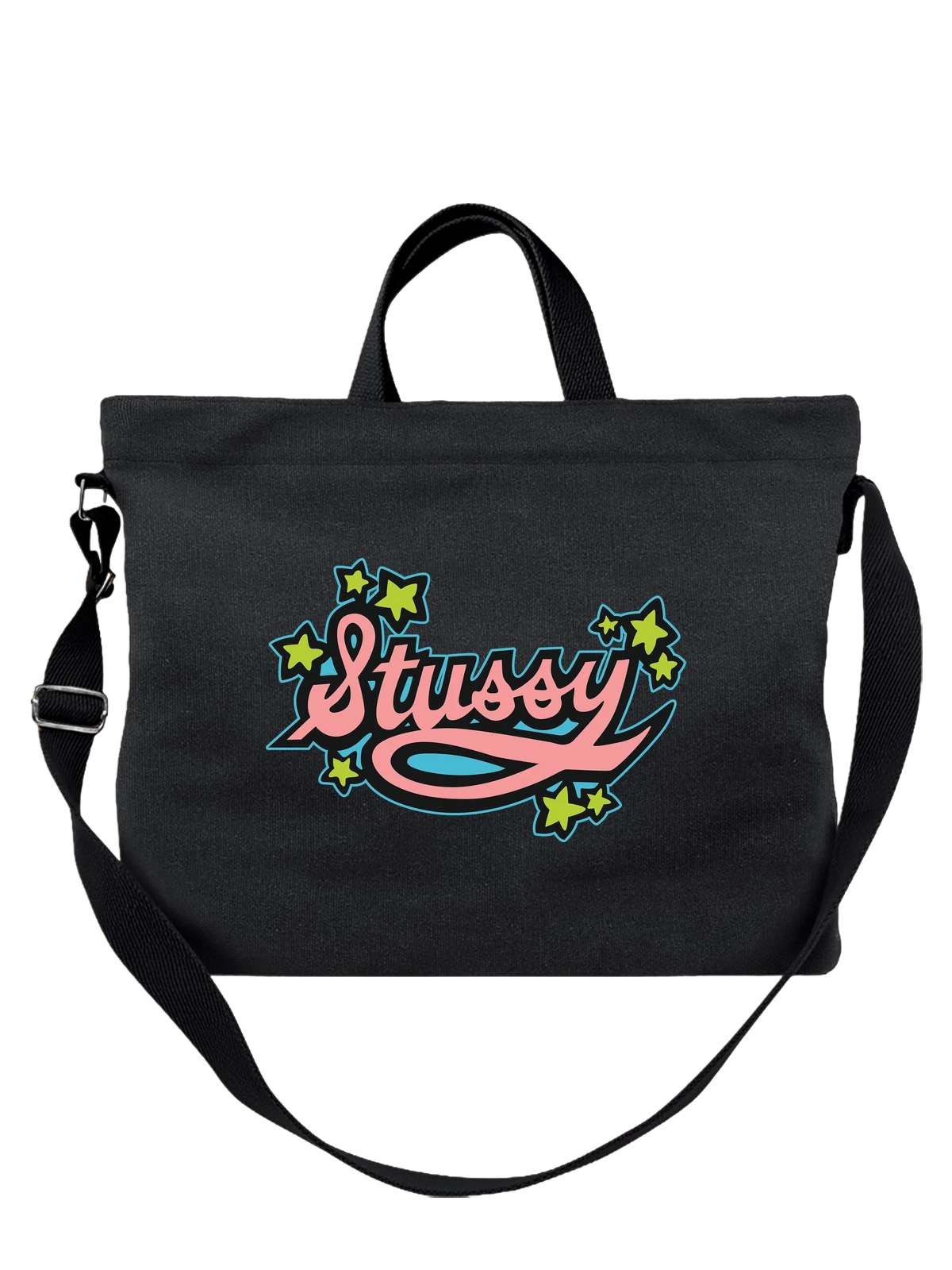 Сумка чёрная с принтом с логотипом Stussy и звездами — зеленые звезды — Чёрная, фото 1
