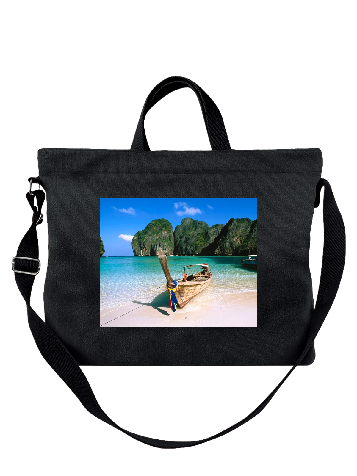 Сумка чёрная с принтом Страна May Bay Phi Island Thailand тайланд — городские огни — Чёрная, фото 1