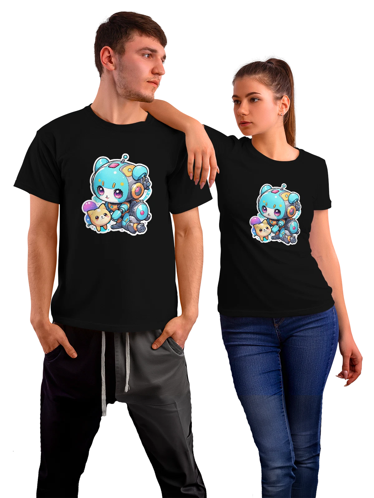 Футболка Милый робот медвежонок и котенок чёрная с принтом — большие глаза — Чёрная, фото 1