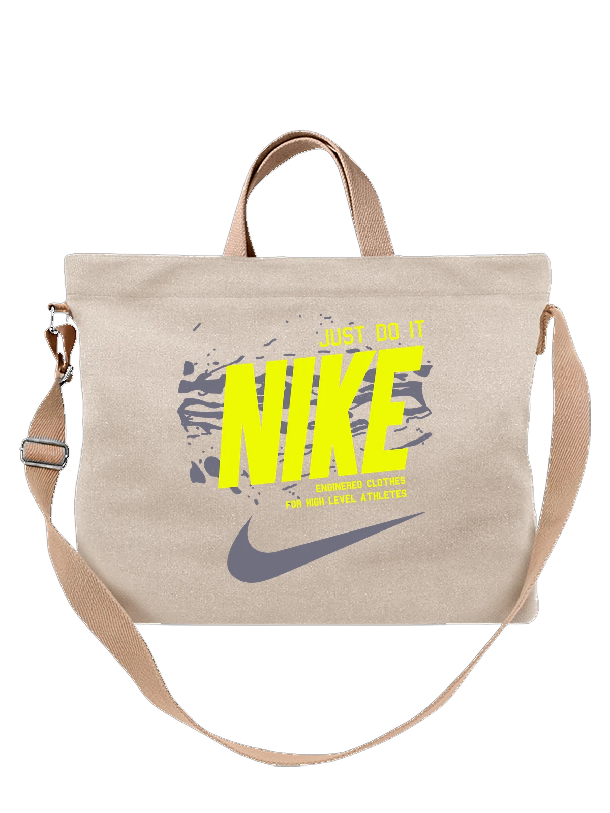 Сумка бежевая с принтом Nike Swoosh жёлтый граффити логотип — контрастный принт — Бежевая, фото 1