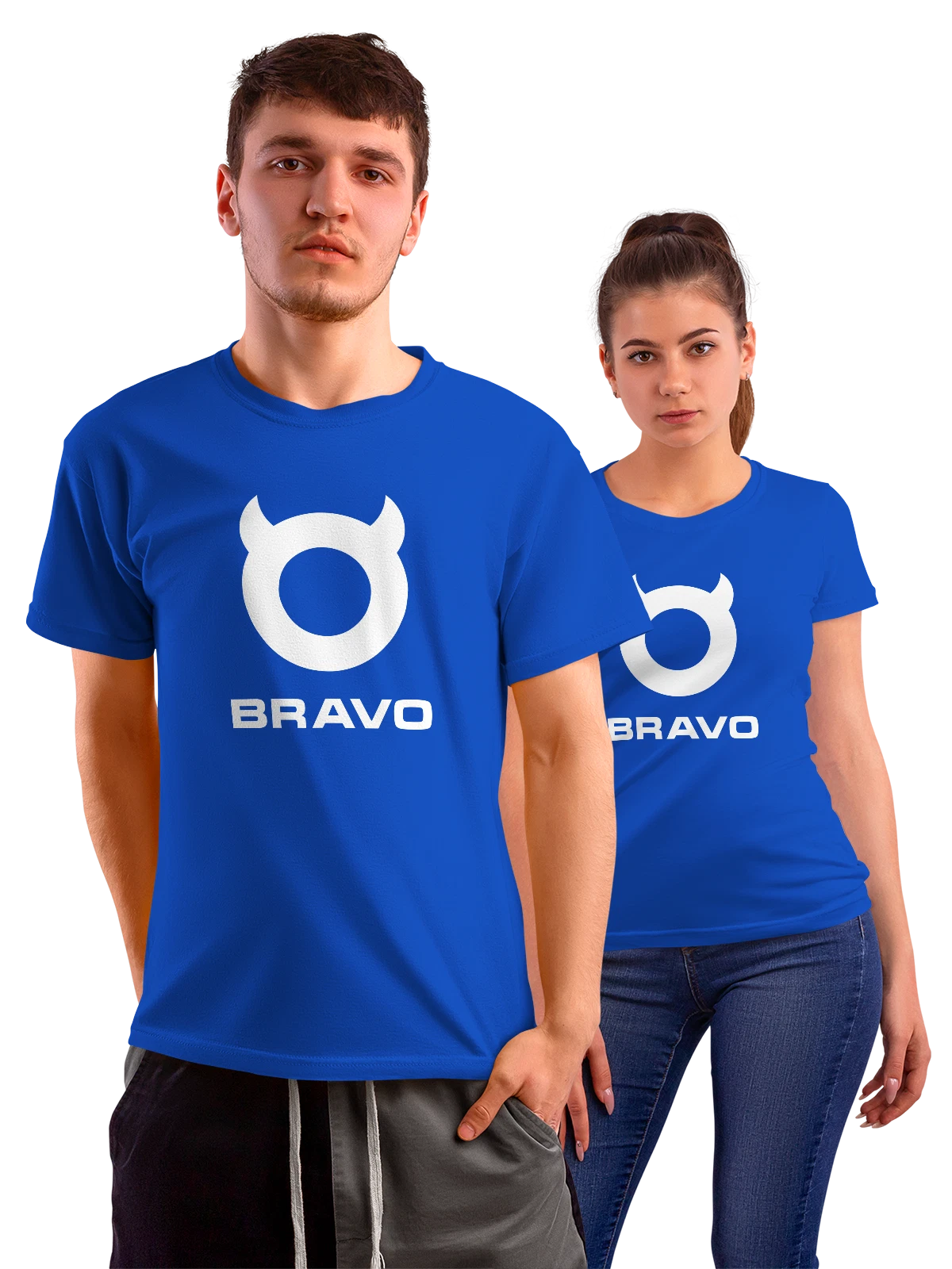 Футболка Bravo синяя с принтом — современная айдентика — Синяя, фото 1